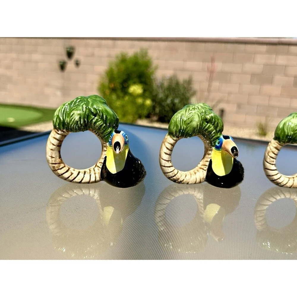 VTG 4 Toucan Palm Tree Napkin Rings Tikki Tropical Exclusively for Cardinal Inc
